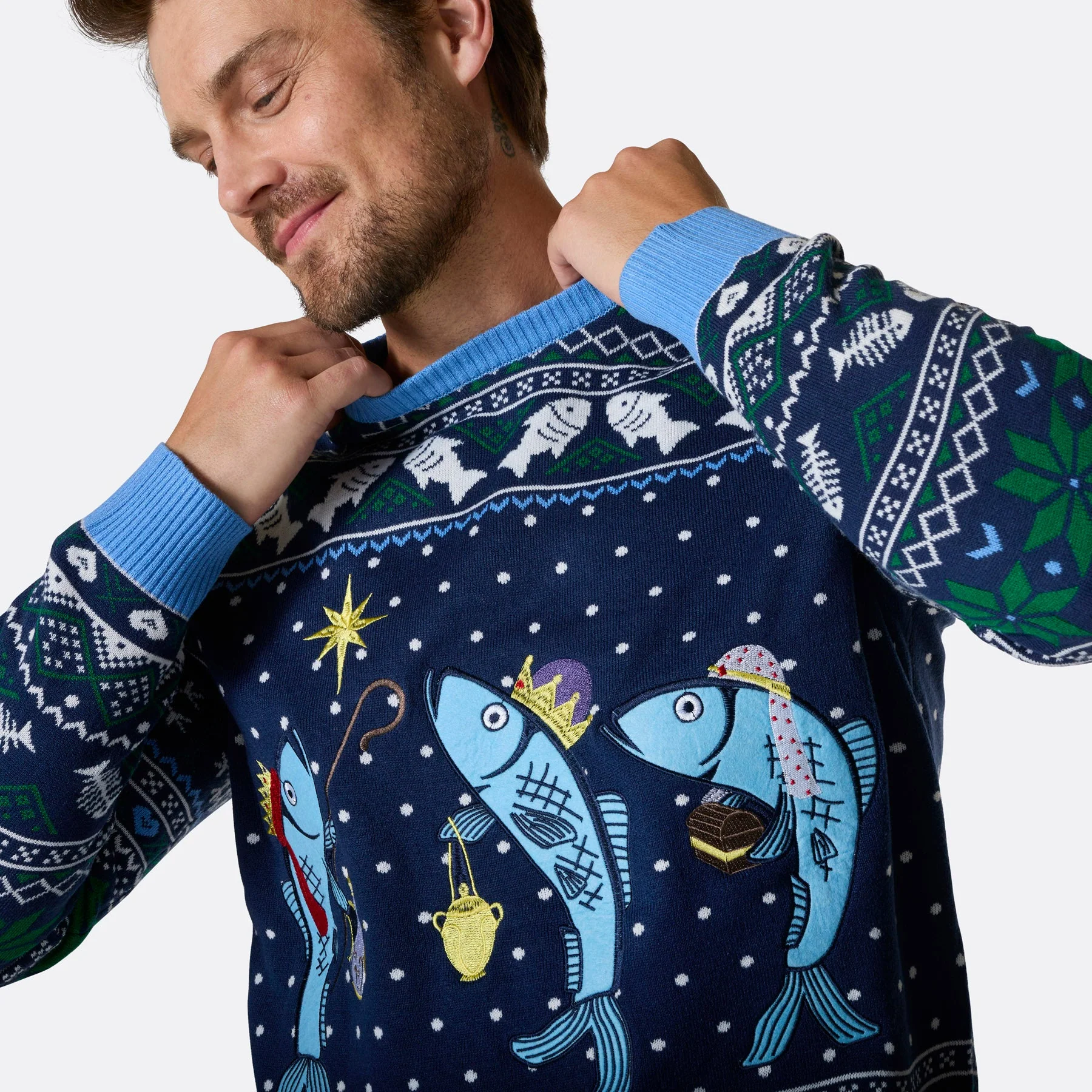 Drei weiße Fische Weihnachtspullover Herren